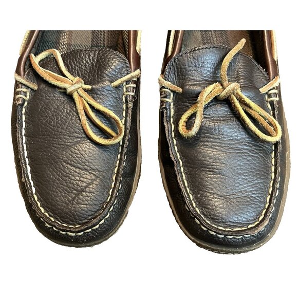 LL Bean Handsewn Slippers Shoes Men\'s 8M Flannel Lined Brown Leather 212164 main image 8